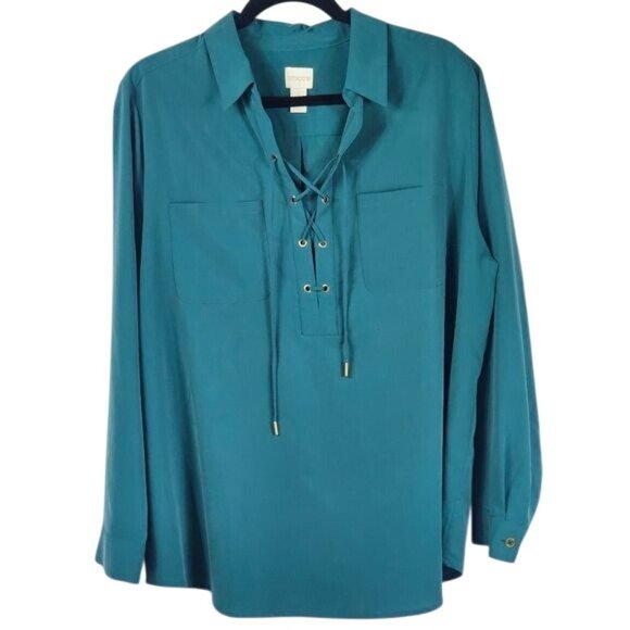 Chicos Green Lace-Up Tunic Blouse Sz XL Soft Lightweight Flowy Boho Relaxed Fit - Picture 1 of 9